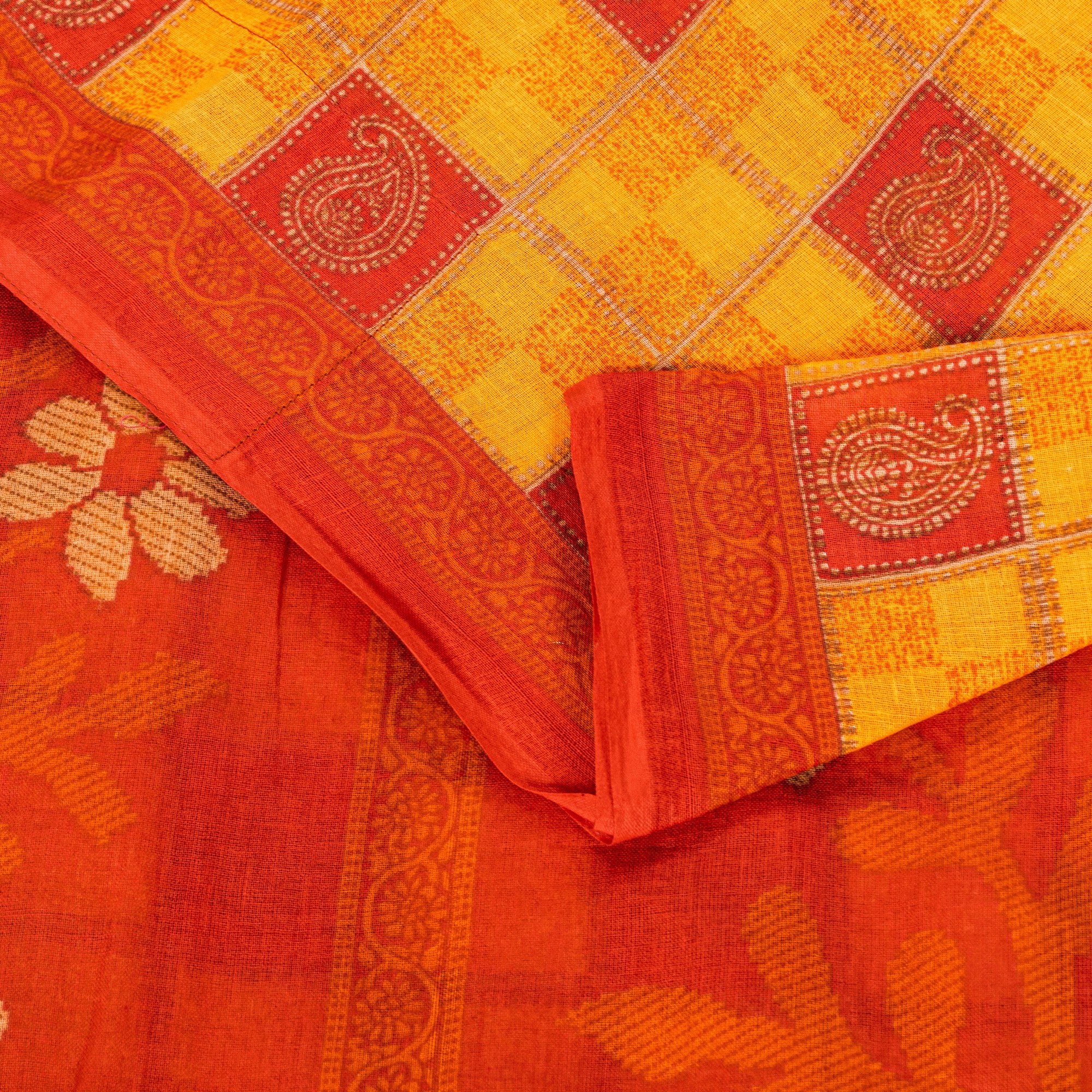 Sanskriti Vintage Yellow-Red Pure Cotton Sarees Geometric Printed 5.5+YD Fabric