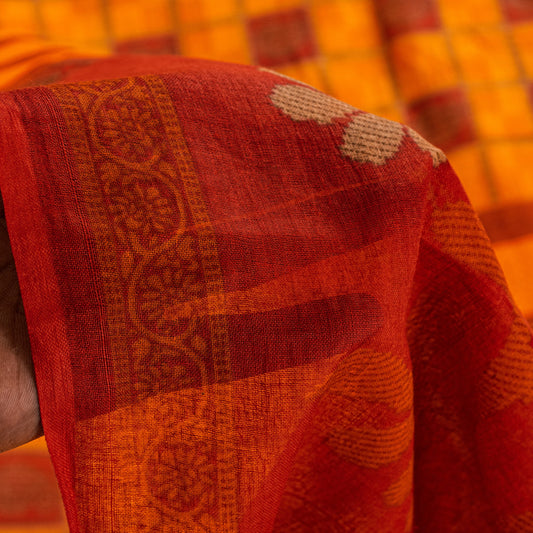 Sanskriti Vintage Yellow-Red Pure Cotton Sarees Geometric Printed 5.5+YD Fabric