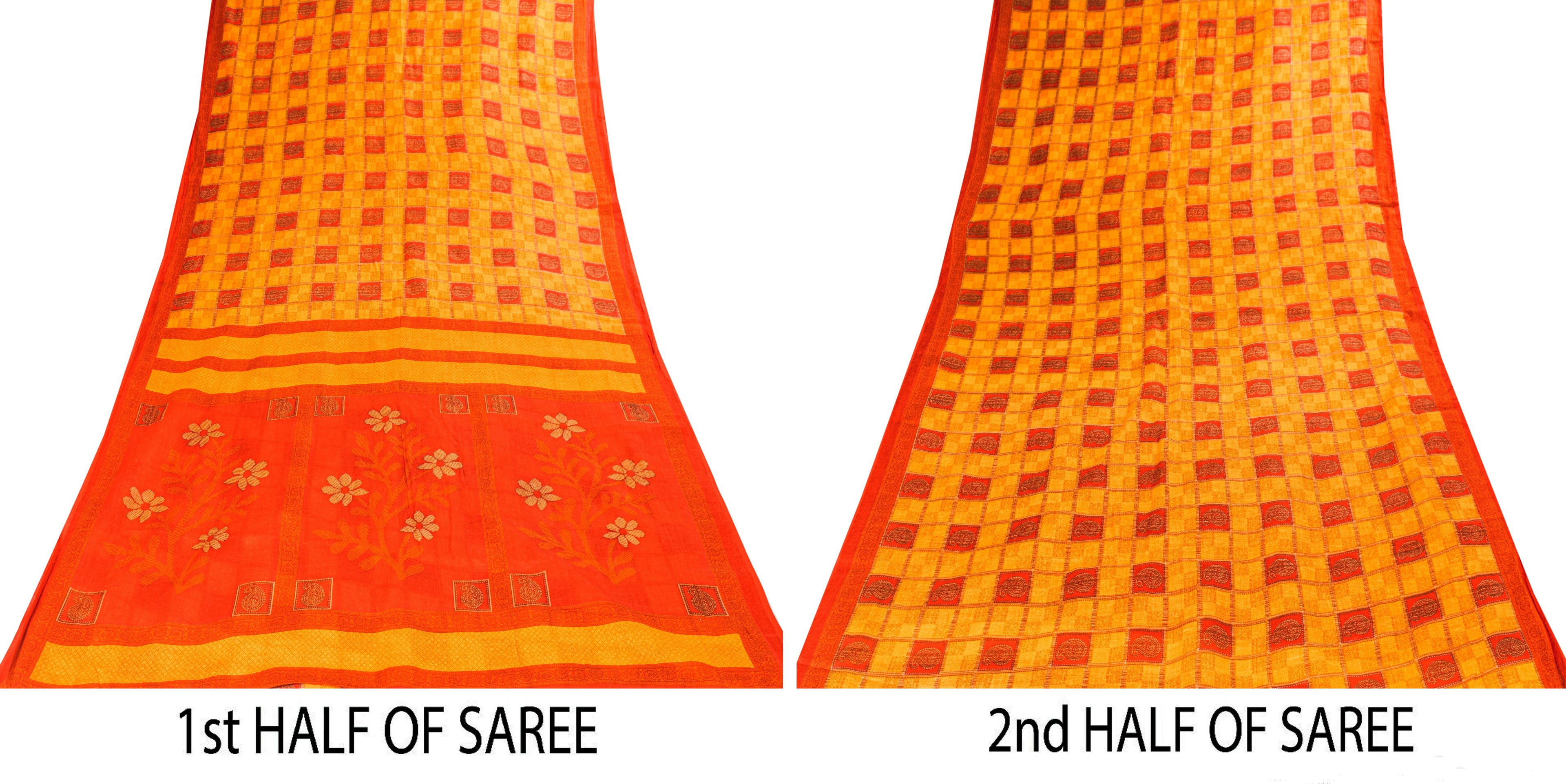 Sanskriti Vintage Yellow-Red Pure Cotton Sarees Geometric Printed 5.5+YD Fabric