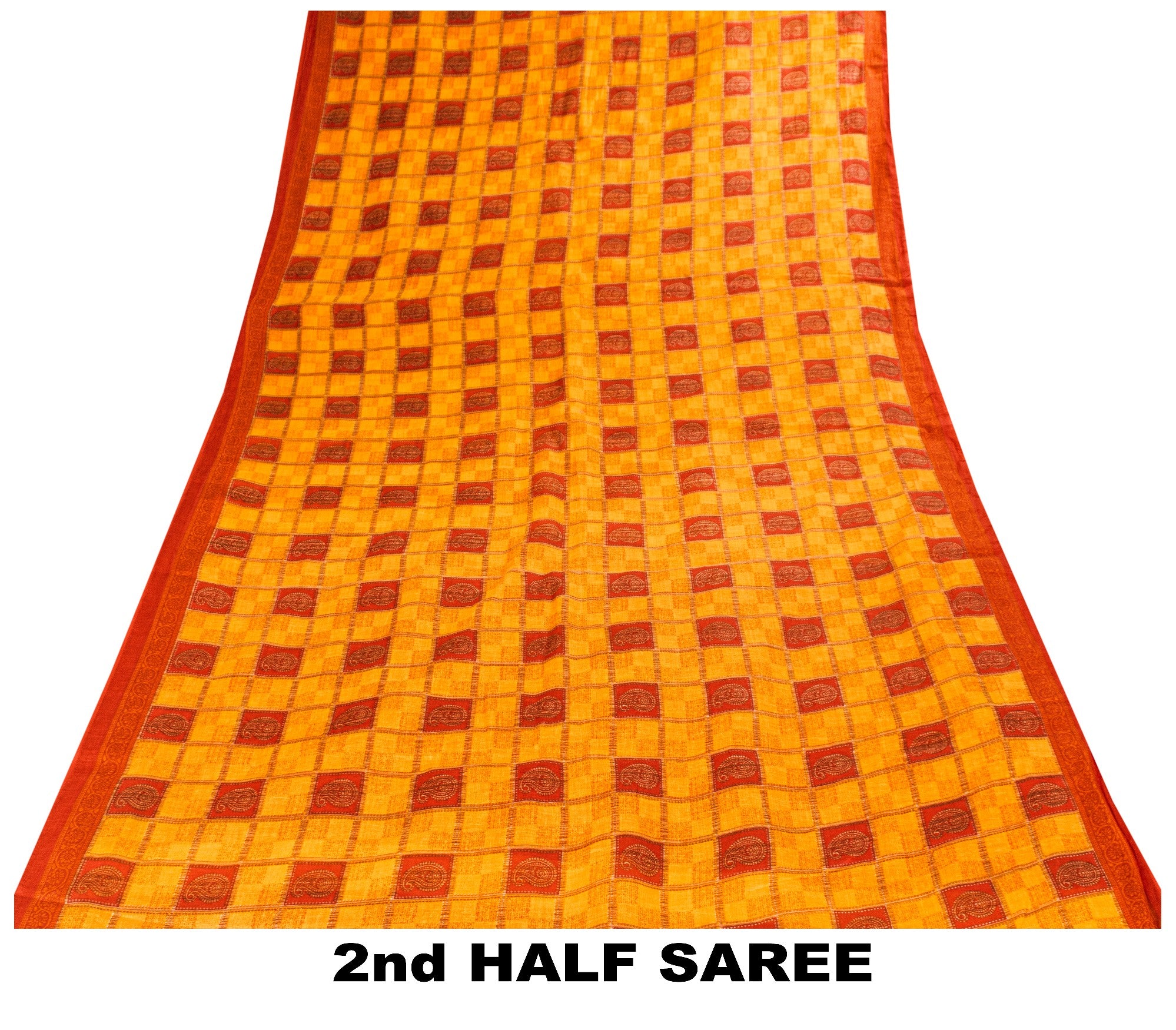 Sanskriti Vintage Yellow-Red Pure Cotton Sarees Geometric Printed 5.5+YD Fabric