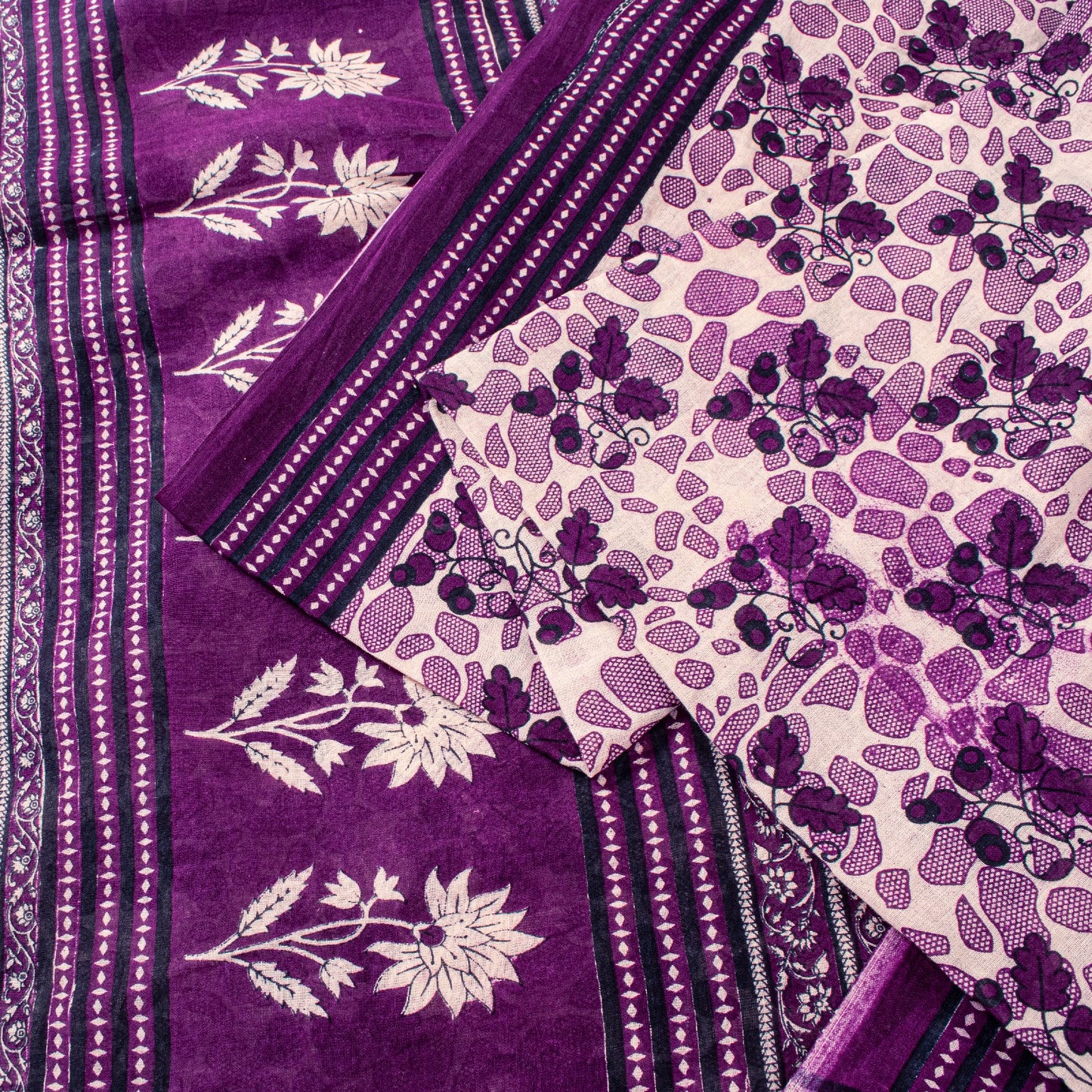 Sanskriti Vintage Soft Purple Pure Cotton Saree Floral Screen Printed Sari 5.5YD