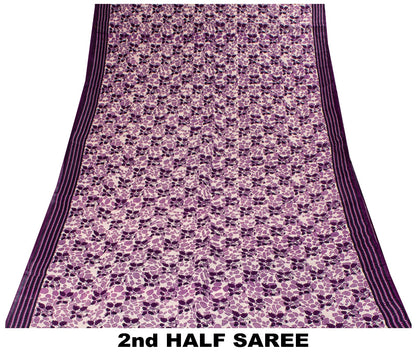 Sanskriti Vintage Soft Purple Pure Cotton Saree Floral Screen Printed Sari 5.5YD