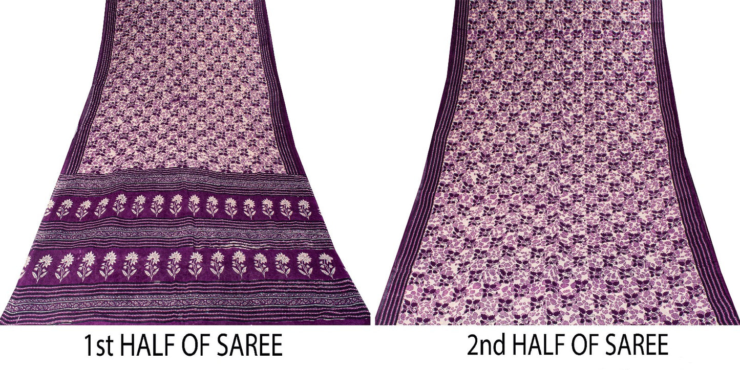 Sanskriti Vintage Soft Purple Pure Cotton Saree Floral Screen Printed Sari 5.5YD