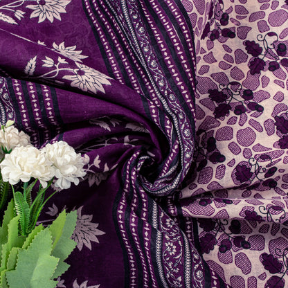 Sanskriti Vintage Soft Purple Pure Cotton Saree Floral Screen Printed Sari 5.5YD