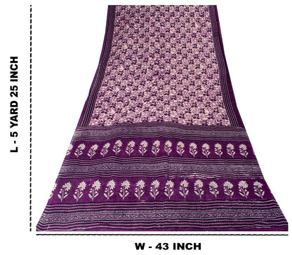 Sanskriti Vintage Soft Purple Pure Cotton Saree Floral Screen Printed Sari 5.5YD