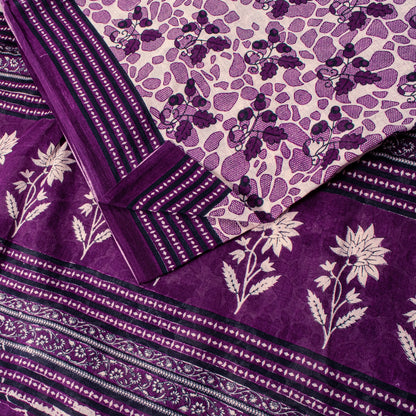 Sanskriti Vintage Soft Purple Pure Cotton Saree Floral Screen Printed Sari 5.5YD