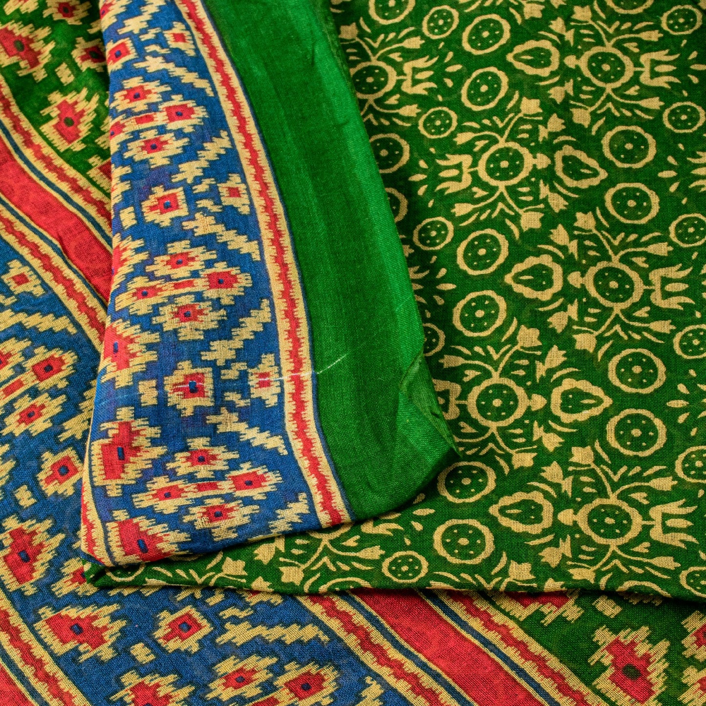 Sanskriti Vintage Soft Green Pure Cotton Saree Patola Print Geometric Sari 5+YD