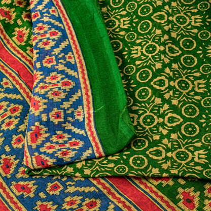 Sanskriti Vintage Soft Green Pure Cotton Saree Patola Print Geometric Sari 5+YD