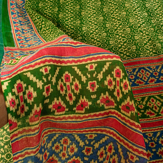 Sanskriti Vintage Soft Green Pure Cotton Saree Patola Print Geometric Sari 5+YD