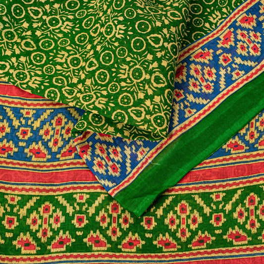 Sanskriti Vintage Soft Green Pure Cotton Saree Patola Print Geometric Sari 5+YD
