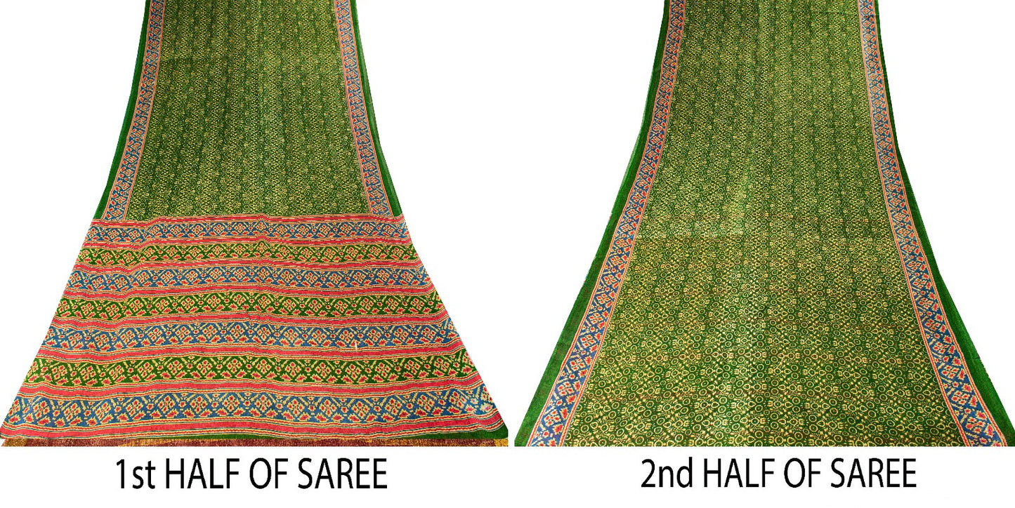 Sanskriti Vintage Soft Green Pure Cotton Saree Patola Print Geometric Sari 5+YD
