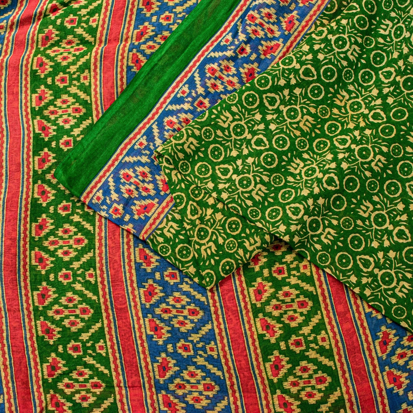 Sanskriti Vintage Soft Green Pure Cotton Saree Patola Print Geometric Sari 5+YD