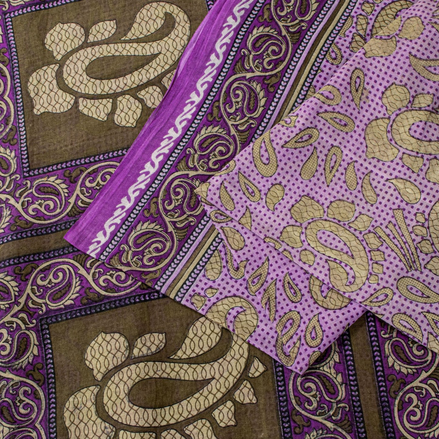 Sanskriti Vintage Saree Purple Pure Cotton Paisley Print Sari 5.5YD Fabric Craft