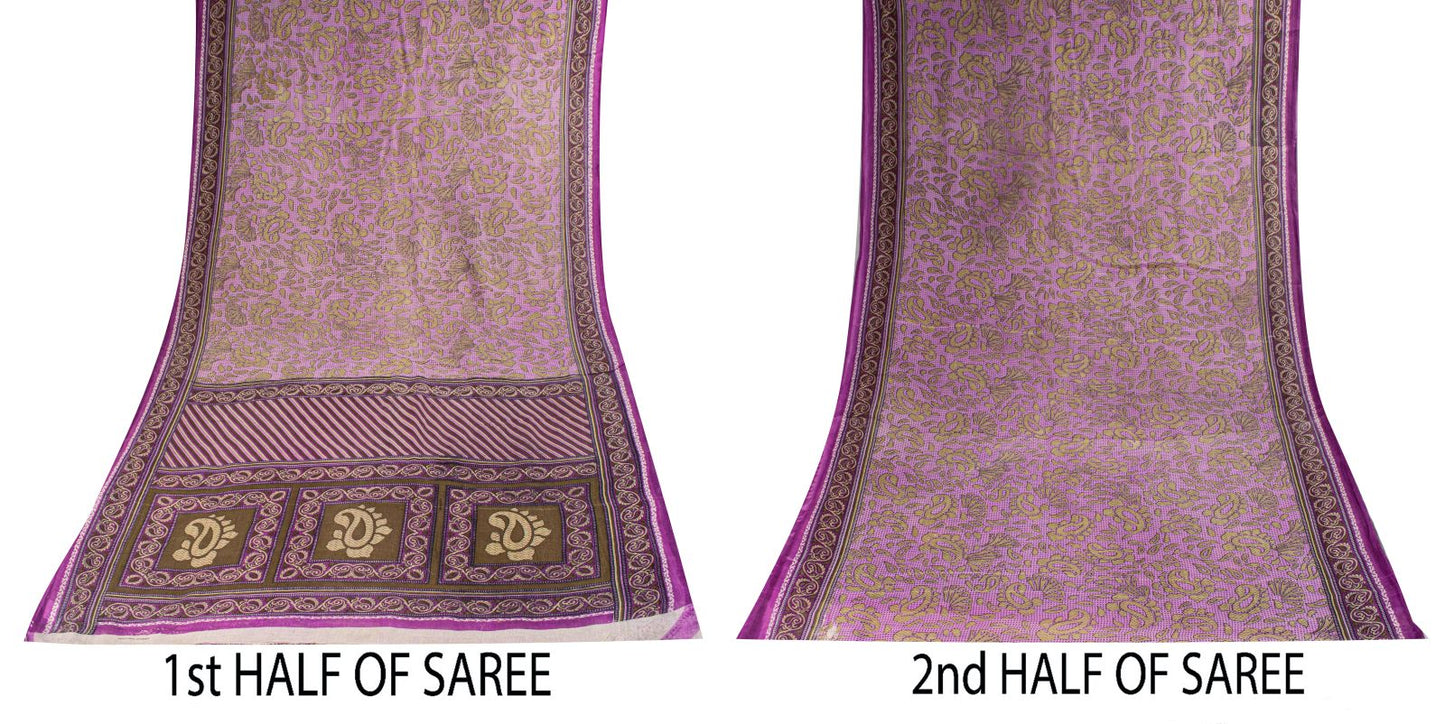 Sanskriti Vintage Saree Purple Pure Cotton Paisley Print Sari 5.5YD Fabric Craft