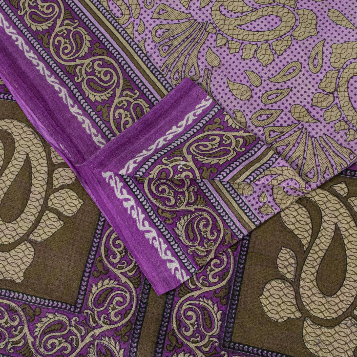 Sanskriti Vintage Saree Purple Pure Cotton Paisley Print Sari 5.5YD Fabric Craft