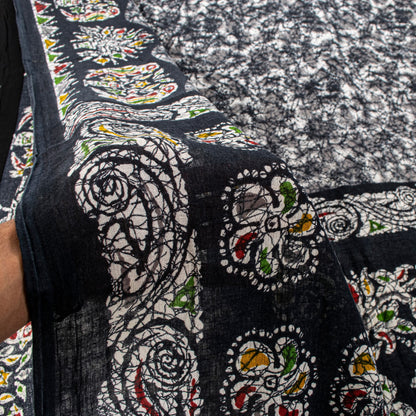 Sanskriti Vintage Soft Black Pure Cotton Saree Batik Abstract Printed Sari 5+YD
