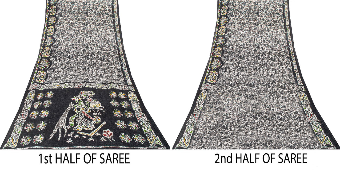Sanskriti Vintage Soft Black Pure Cotton Saree Batik Abstract Printed Sari 5+YD