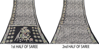Sanskriti Vintage Soft Black Pure Cotton Saree Batik Abstract Printed Sari 5+YD