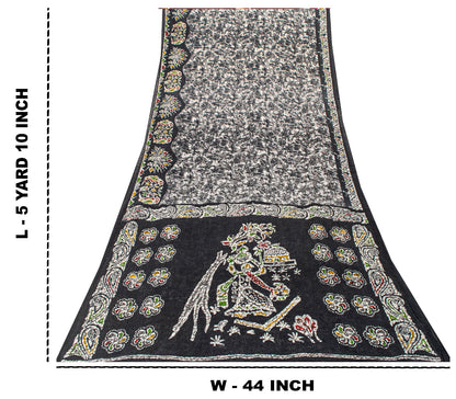 Sanskriti Vintage Soft Black Pure Cotton Saree Batik Abstract Printed Sari 5+YD