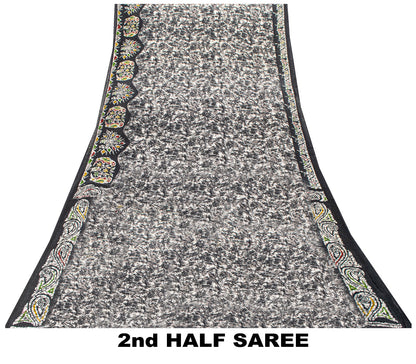 Sanskriti Vintage Soft Black Pure Cotton Saree Batik Abstract Printed Sari 5+YD