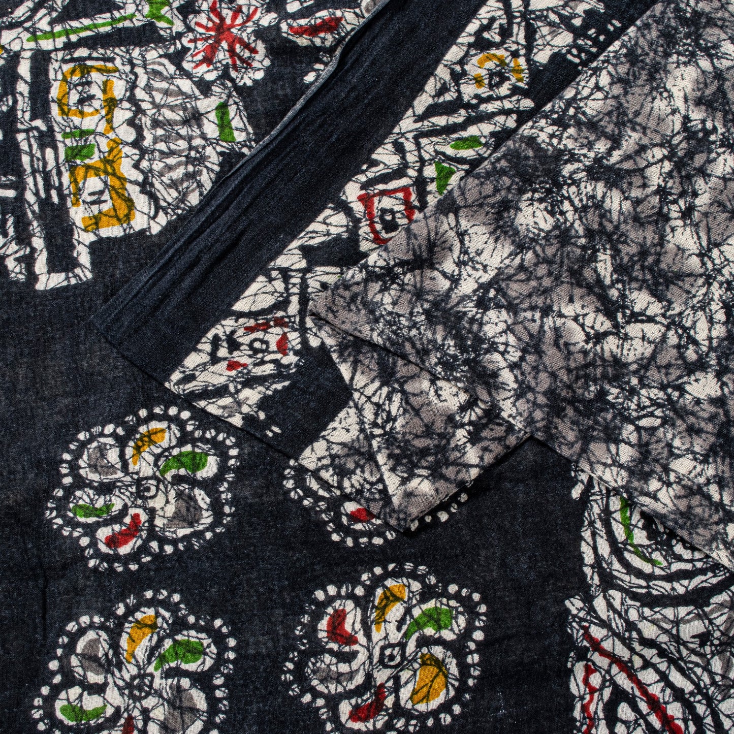 Sanskriti Vintage Soft Black Pure Cotton Saree Batik Abstract Printed Sari 5+YD