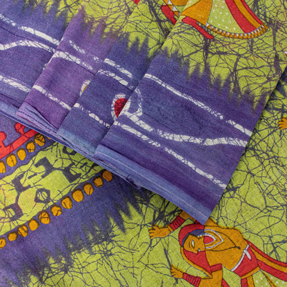 Sanskriti Vintage SoftGreen-Purple Pure Cotton Saree Batik Women Print Sari 5+YD