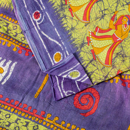 Sanskriti Vintage SoftGreen-Purple Pure Cotton Saree Batik Women Print Sari 5+YD