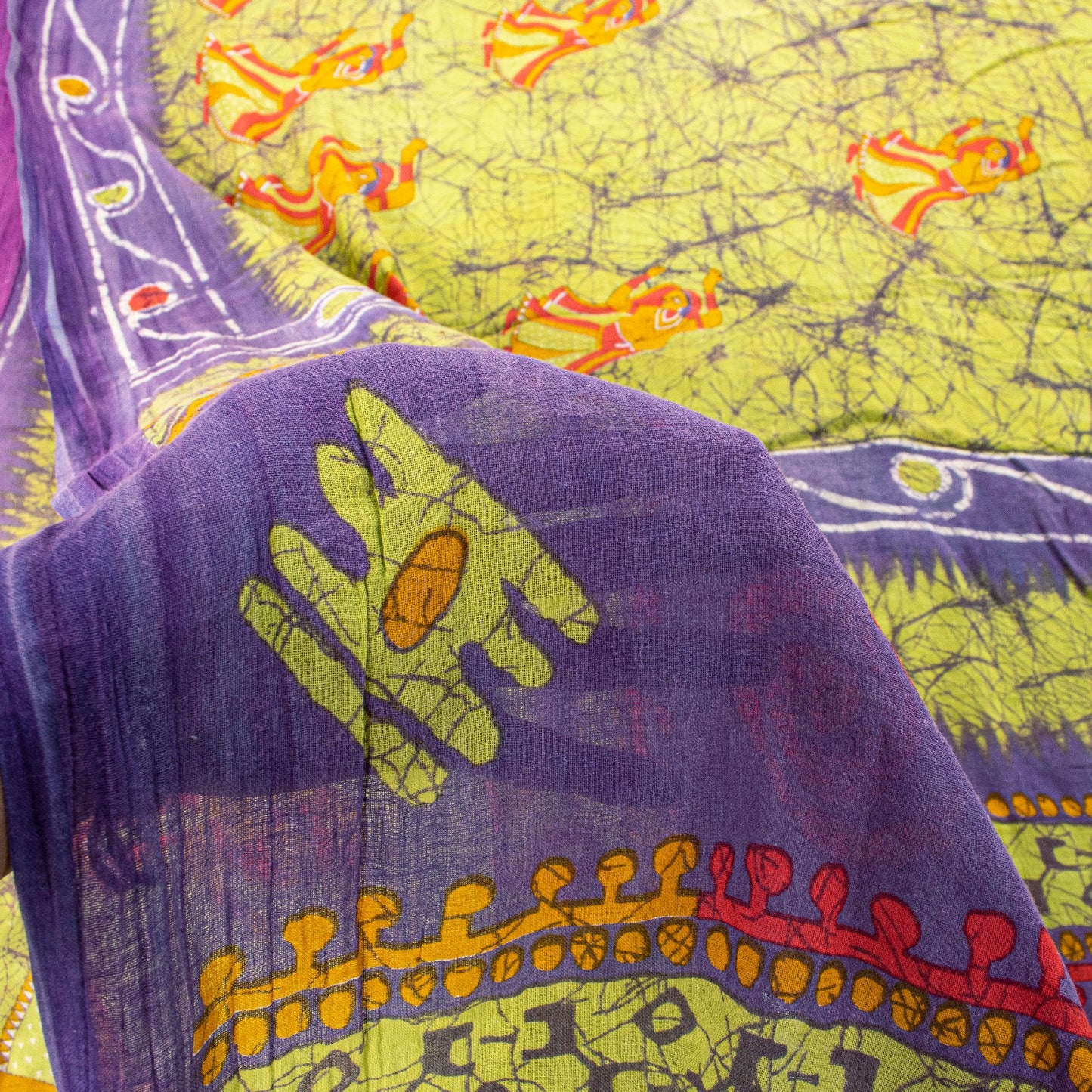 Sanskriti Vintage SoftGreen-Purple Pure Cotton Saree Batik Women Print Sari 5+YD