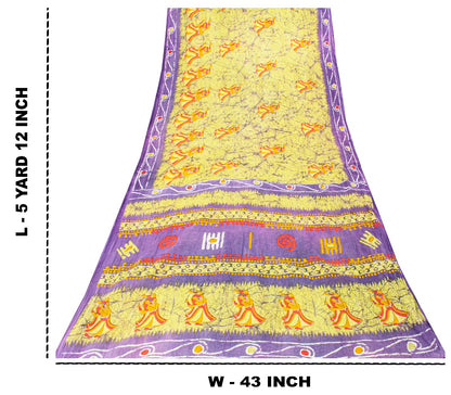Sanskriti Vintage SoftGreen-Purple Pure Cotton Saree Batik Women Print Sari 5+YD