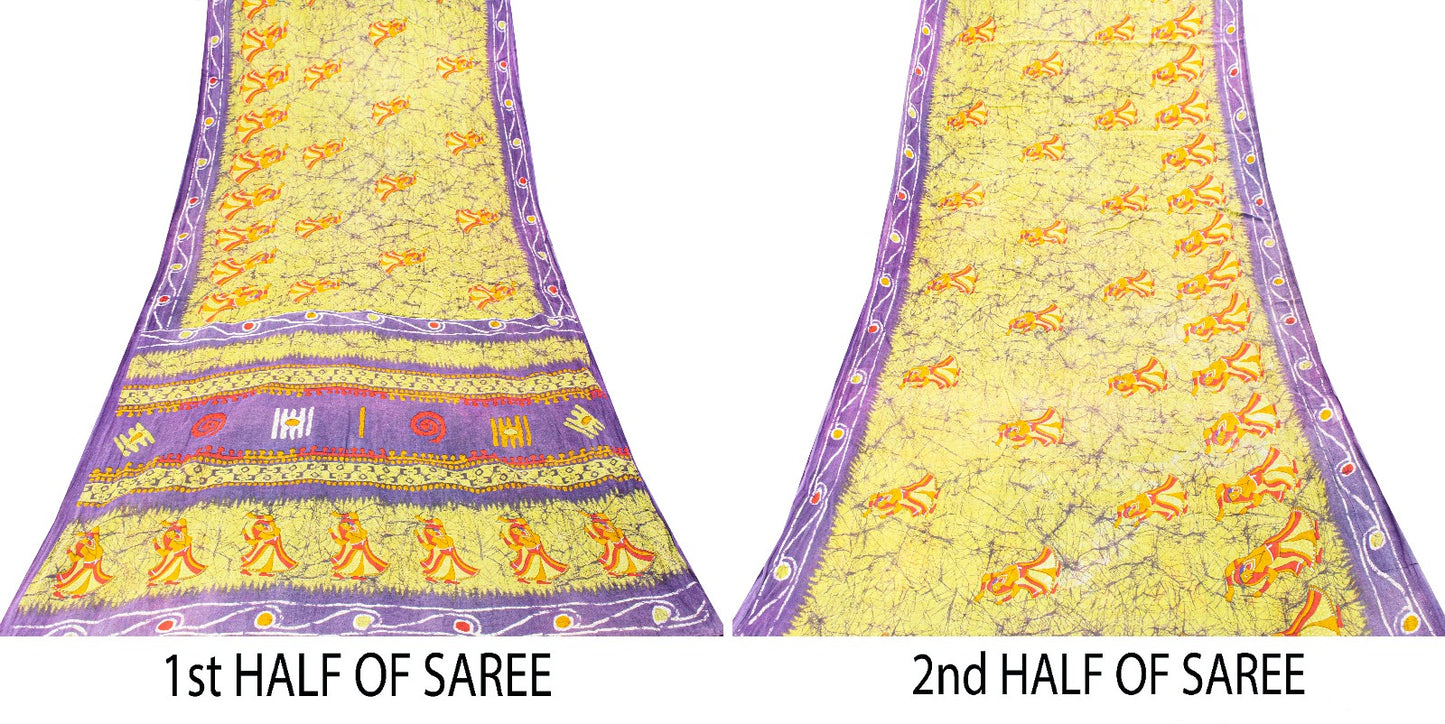 Sanskriti Vintage SoftGreen-Purple Pure Cotton Saree Batik Women Print Sari 5+YD