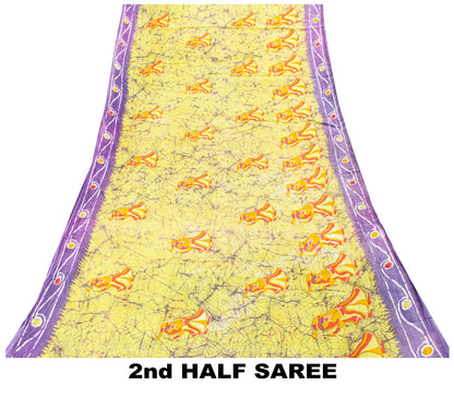 Sanskriti Vintage SoftGreen-Purple Pure Cotton Saree Batik Women Print Sari 5+YD