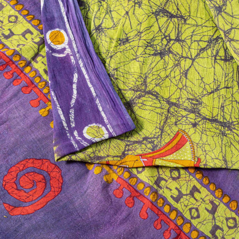 Sanskriti Vintage SoftGreen-Purple Pure Cotton Saree Batik Women Print Sari 5+YD
