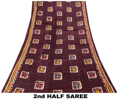 Sanskriti Vintage Brown Soft Pure Cotton Saree Batik Print Geometric Sari 5+YD