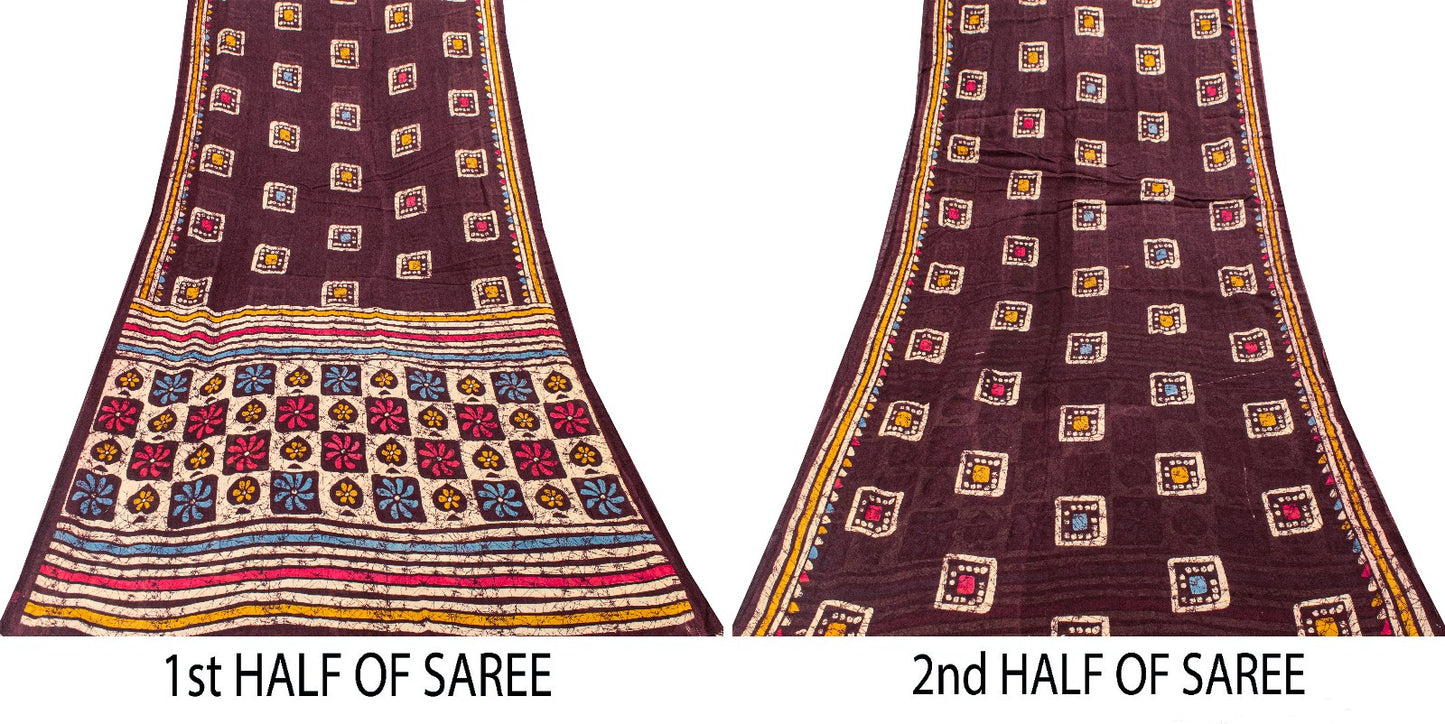 Sanskriti Vintage Brown Soft Pure Cotton Saree Batik Print Geometric Sari 5+YD