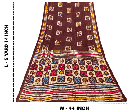 Sanskriti Vintage Brown Soft Pure Cotton Saree Batik Print Geometric Sari 5+YD