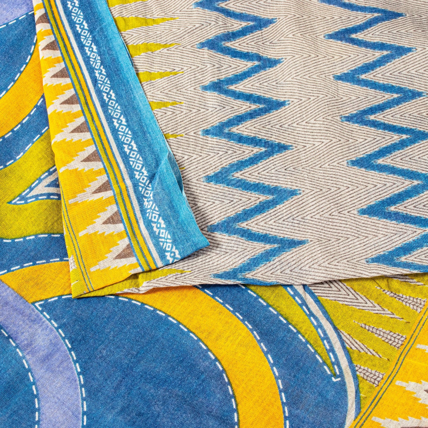 Sanskriti Vintage Blue-Yellow Pure Cotton Saree Kantha Geometric Print Sari 5+Y