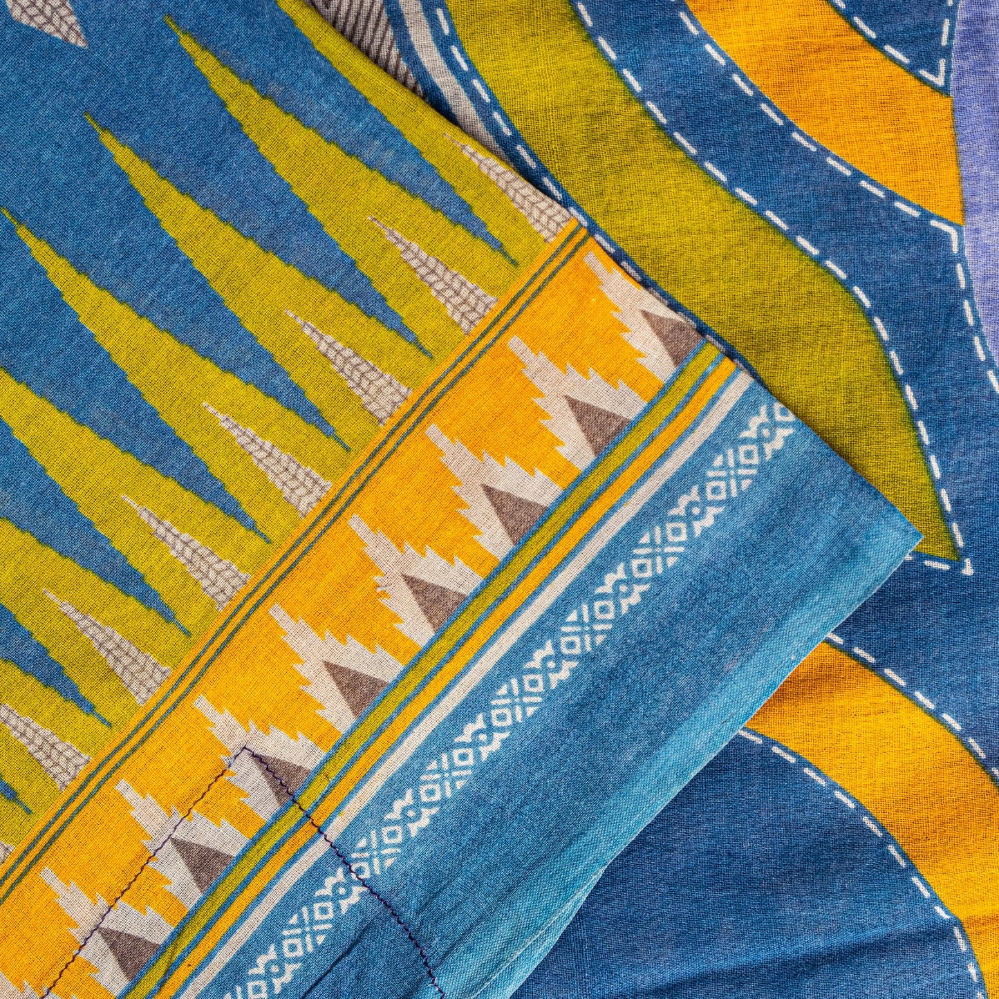 Sanskriti Vintage Blue-Yellow Pure Cotton Saree Kantha Geometric Print Sari 5+Y
