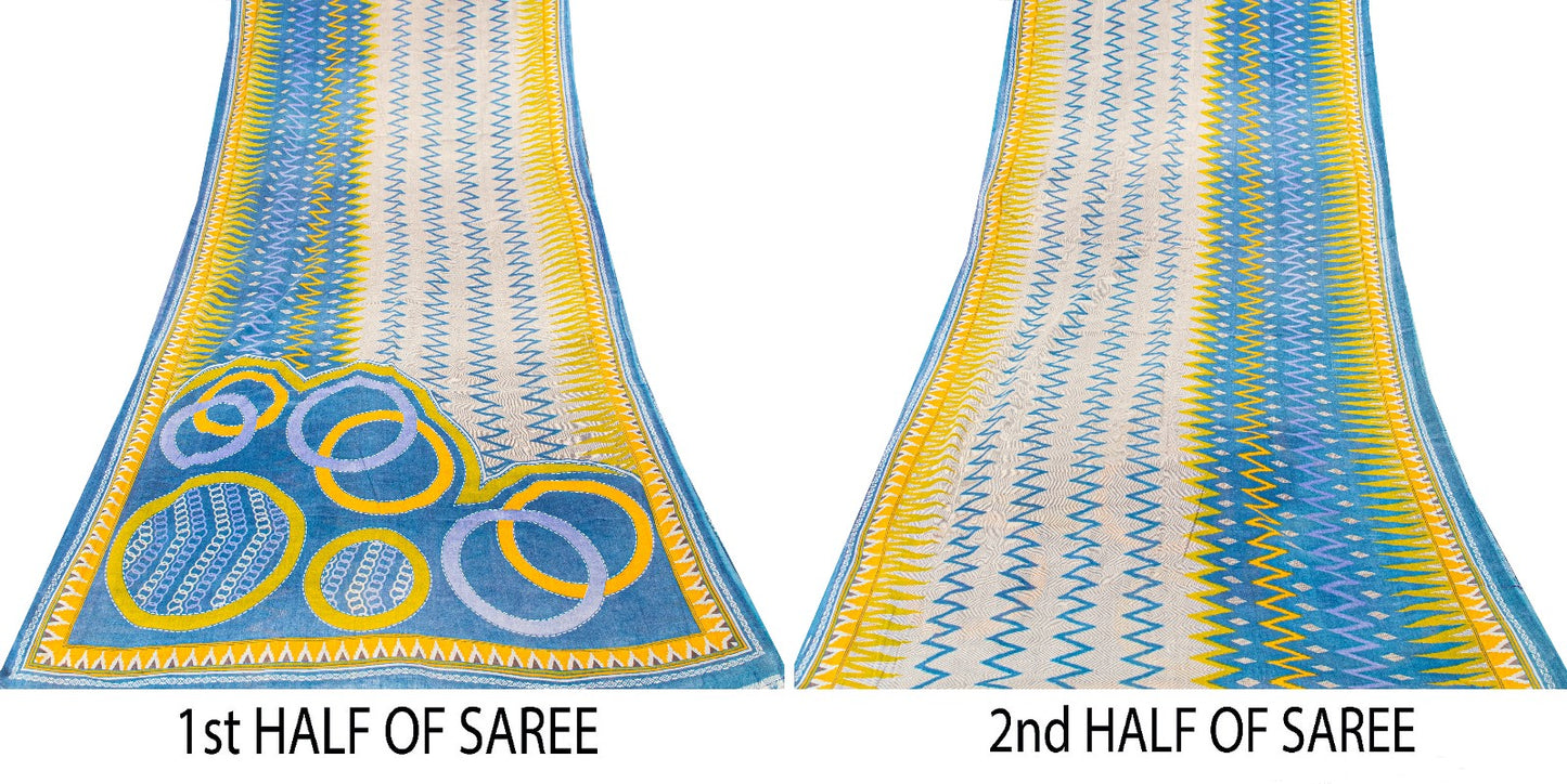 Sanskriti Vintage Blue-Yellow Pure Cotton Saree Kantha Geometric Print Sari 5+Y
