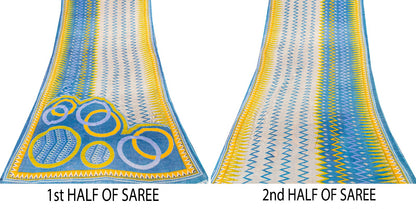 Sanskriti Vintage Blue-Yellow Pure Cotton Saree Kantha Geometric Print Sari 5+Y