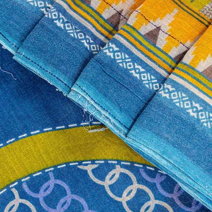 Sanskriti Vintage Blue-Yellow Pure Cotton Saree Kantha Geometric Print Sari 5+Y