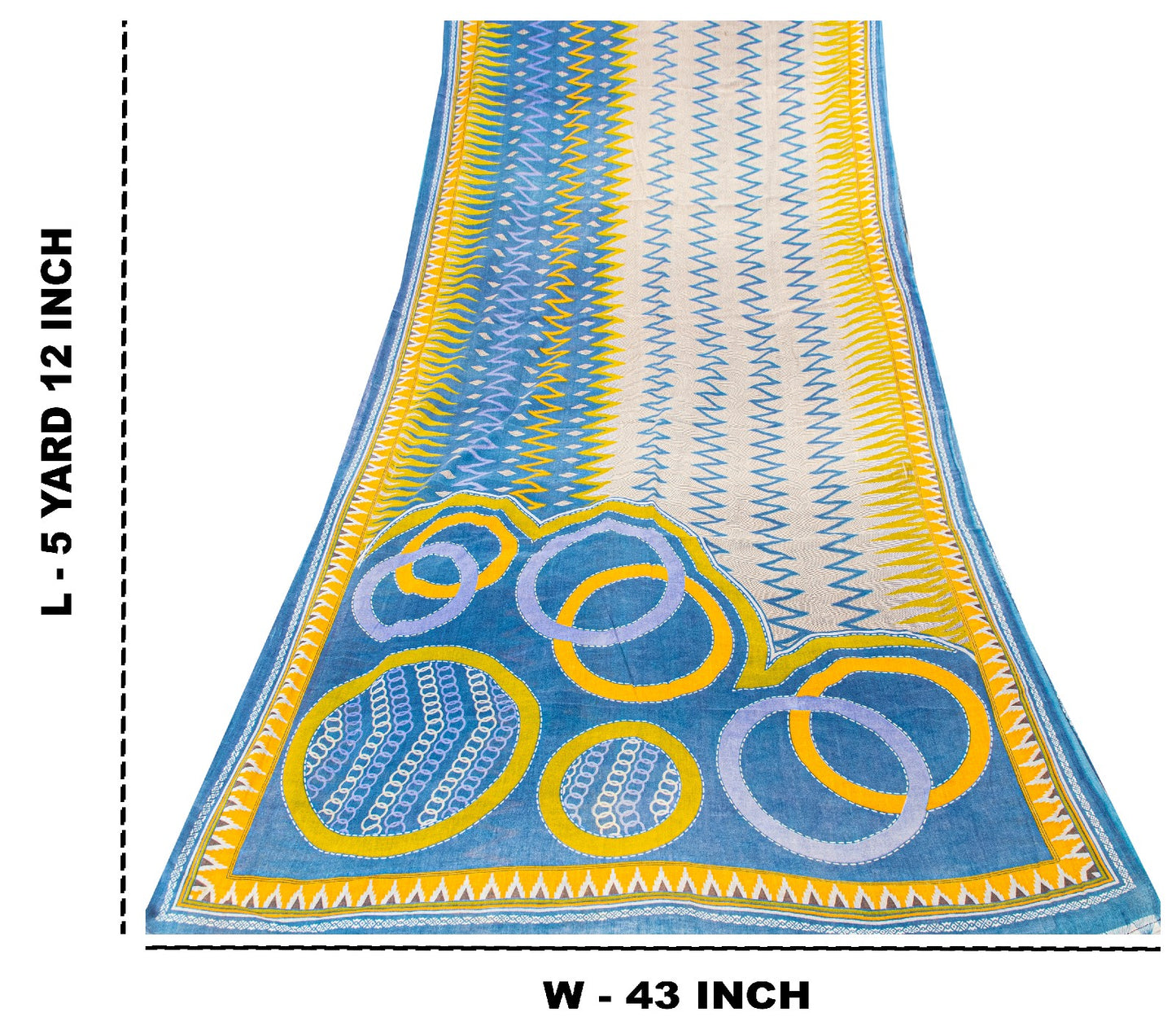 Sanskriti Vintage Blue-Yellow Pure Cotton Saree Kantha Geometric Print Sari 5+Y