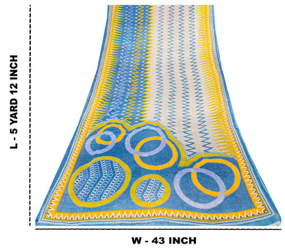 Sanskriti Vintage Blue-Yellow Pure Cotton Saree Kantha Geometric Print Sari 5+Y
