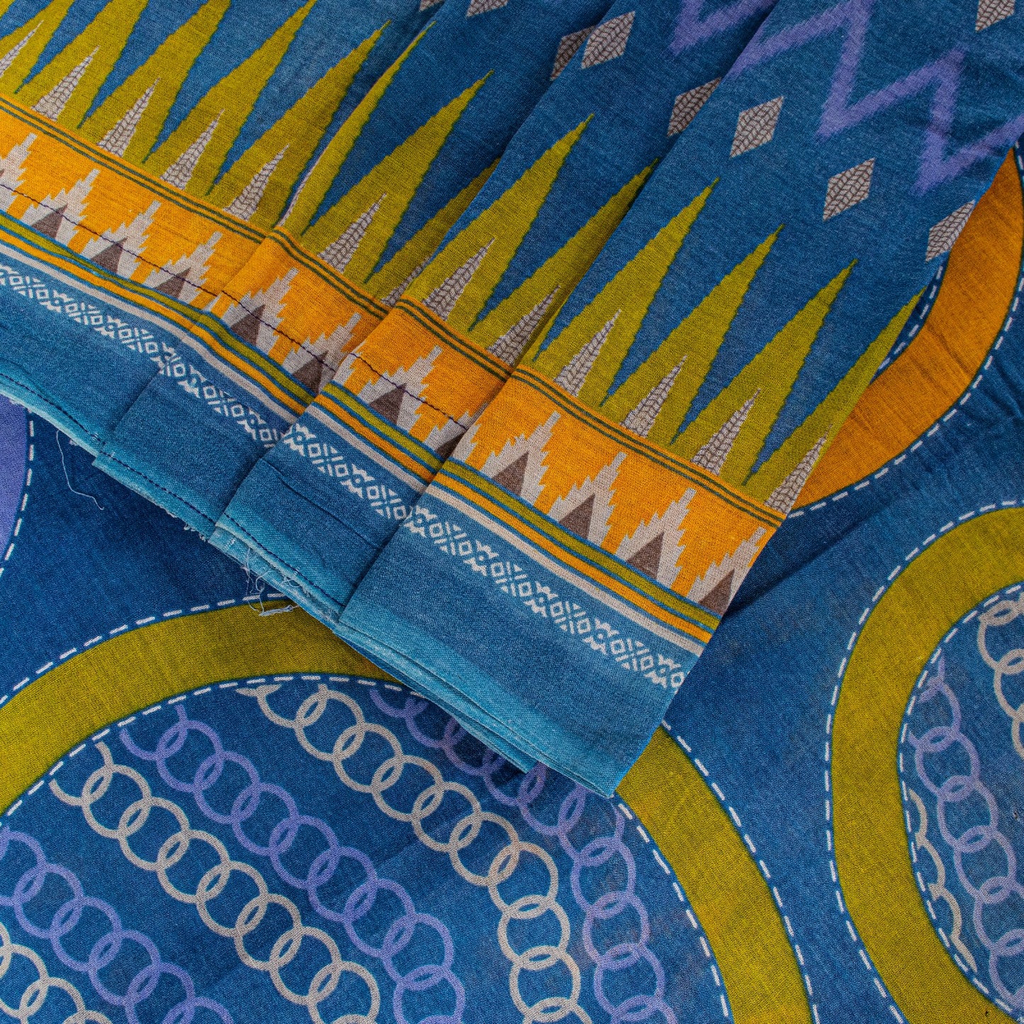 Sanskriti Vintage Blue-Yellow Pure Cotton Saree Kantha Geometric Print Sari 5+Y