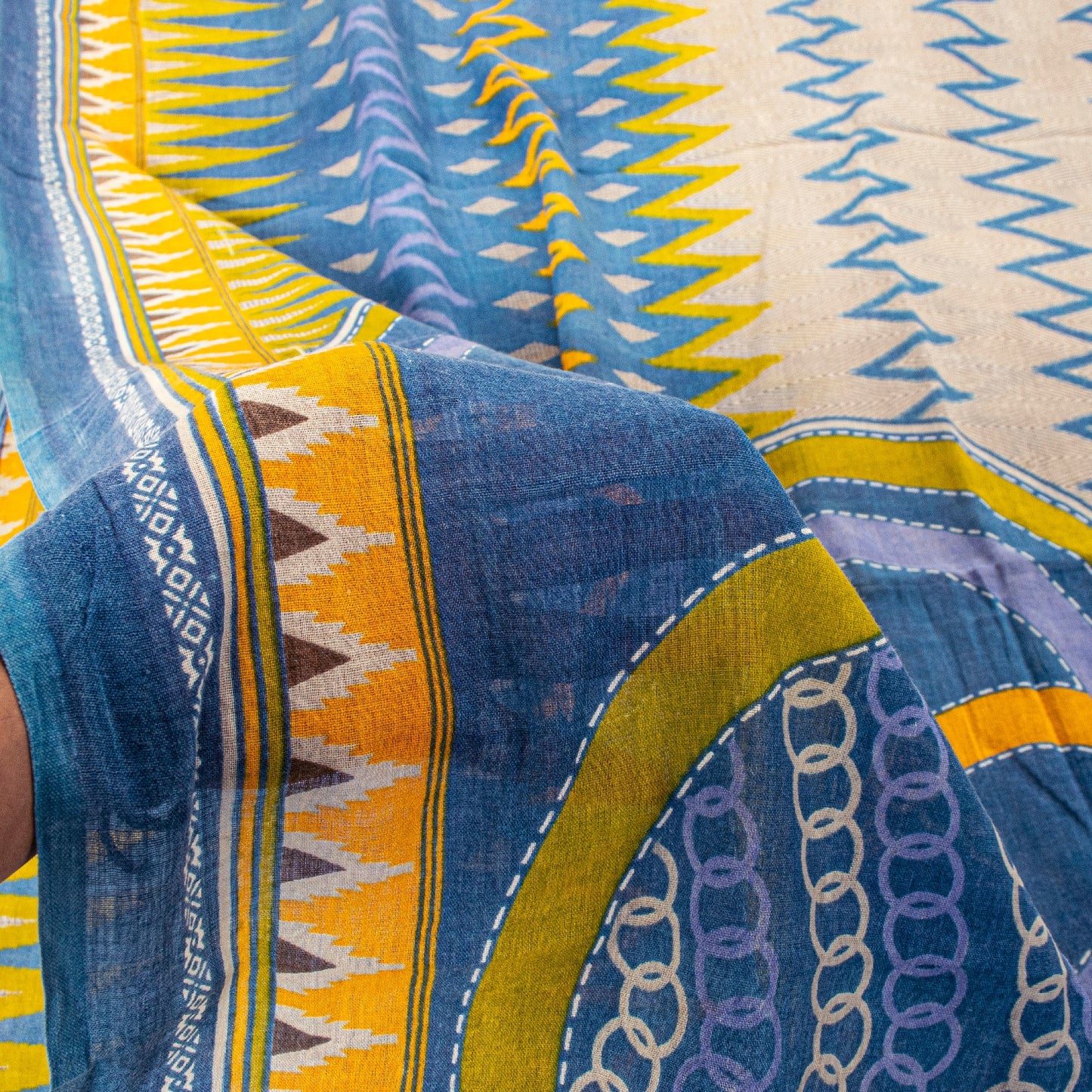 Sanskriti Vintage Blue-Yellow Pure Cotton Saree Kantha Geometric Print Sari 5+Y