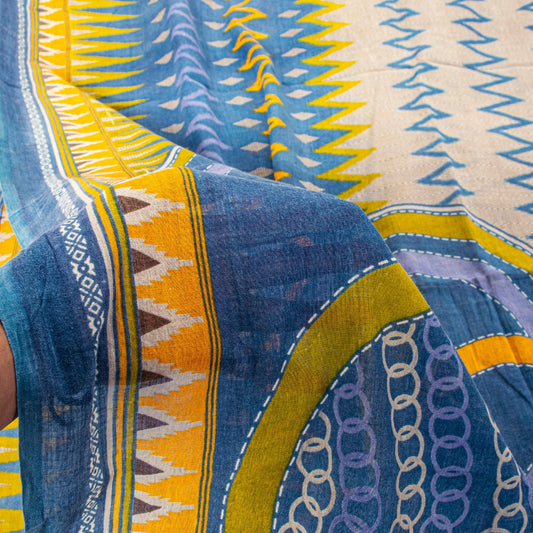 Sanskriti Vintage Blue-Yellow Pure Cotton Saree Kantha Geometric Print Sari 5+Y