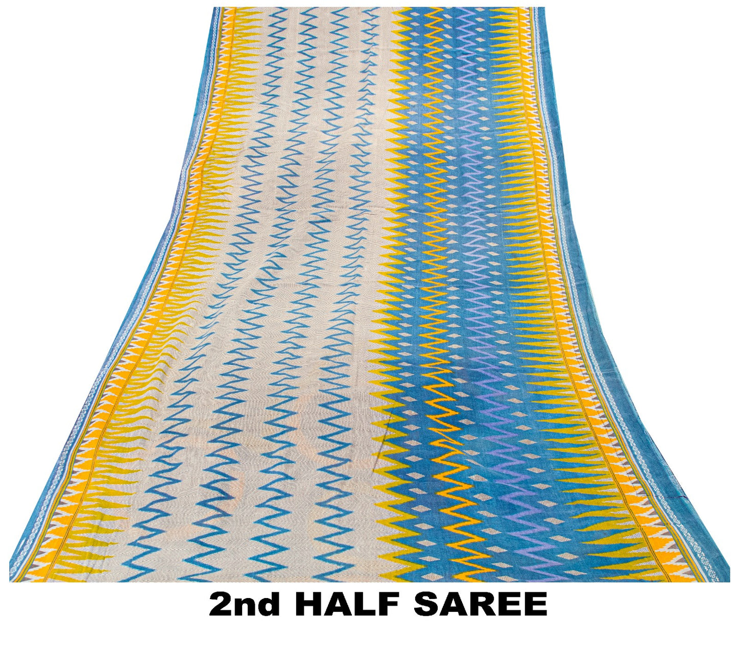 Sanskriti Vintage Blue-Yellow Pure Cotton Saree Kantha Geometric Print Sari 5+Y