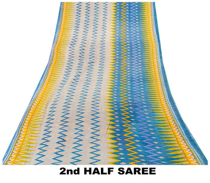 Sanskriti Vintage Blue-Yellow Pure Cotton Saree Kantha Geometric Print Sari 5+Y