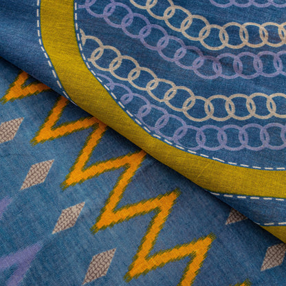 Sanskriti Vintage Blue-Yellow Pure Cotton Saree Kantha Geometric Print Sari 5+Y