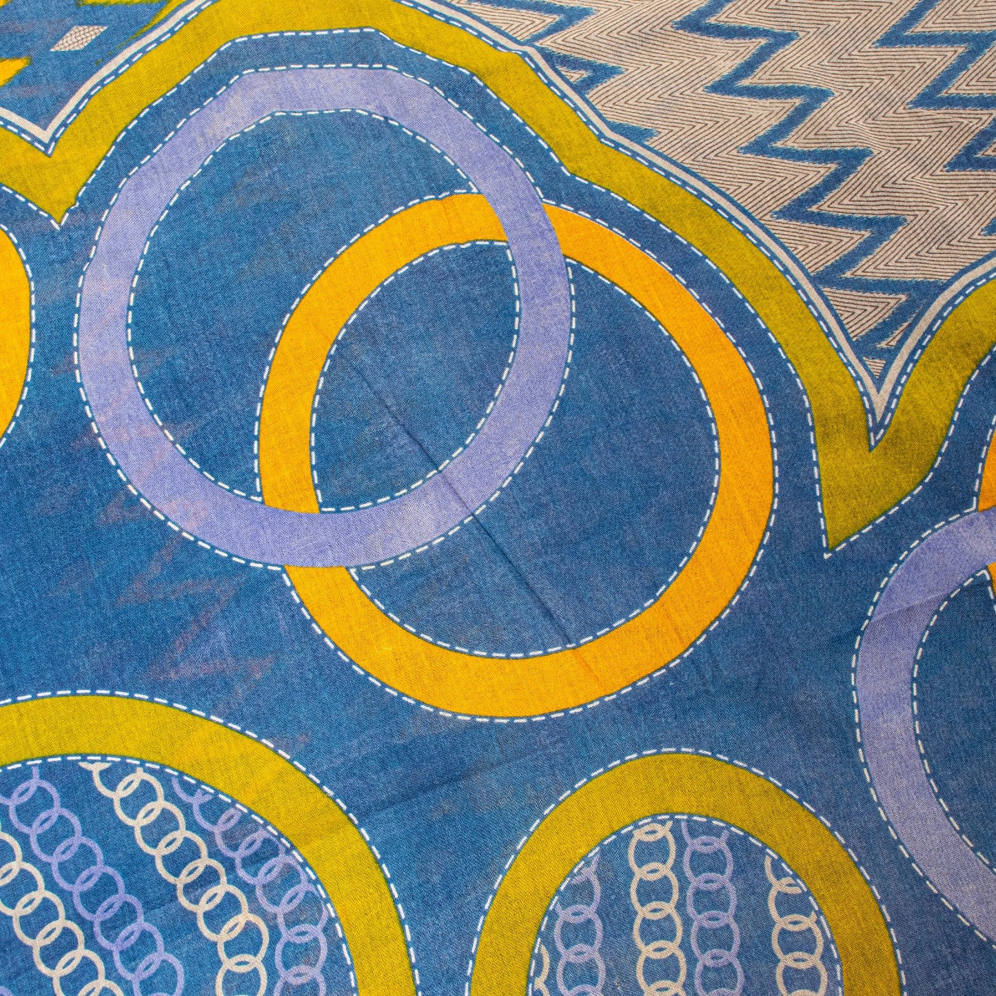 Sanskriti Vintage Blue-Yellow Pure Cotton Saree Kantha Geometric Print Sari 5+Y