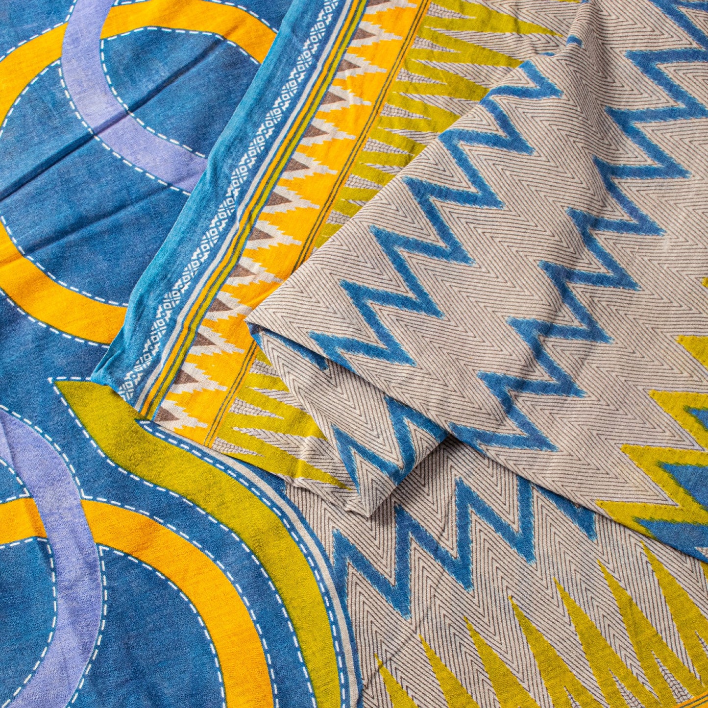 Sanskriti Vintage Blue-Yellow Pure Cotton Saree Kantha Geometric Print Sari 5+Y